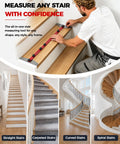 Person using Adjustable Stair Tread Template Tool Featuring Interchangeable Aluminum Slider Bars for DIY stair measurements.