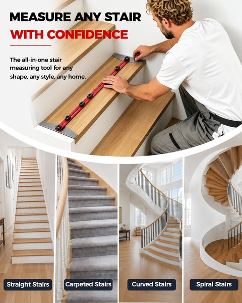 Person using Adjustable Stair Tread Template Tool Featuring Interchangeable Aluminum Slider Bars for DIY stair measurements.