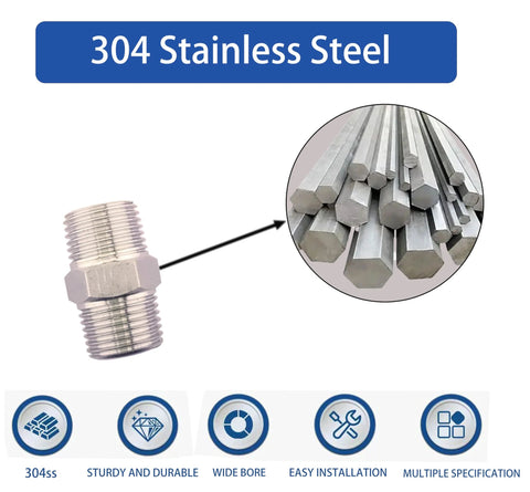Side view of 3/8 in male-to-male NPT hex nipple, 304 stainless steel pipe fittings, pack of 2