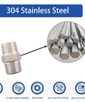 Front view of POTONZ 1-inch male NPT hex stainless steel nipple fittings, 304 stainless, 2-pack with PTFE tape