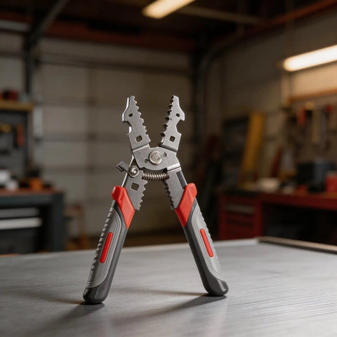 All In One Wire Stripper Tool For Electricians With Carbon Steel Pliers for stripping, crimping, cutting wires, ergonomic grip in workshop