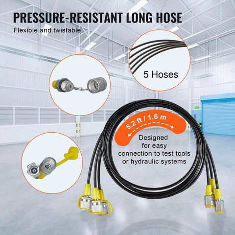 Hydraulic Pressure Test Kit with five hoses coiled in a warehouse, showing quick-connect fittings for excavators and construction machinery.