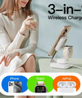 Woman using Traveling Wireless MagSafe 3 in 1 Fast Charging Station for iPhone 17 16 15 14 13 12, Apple Watch, AirPods, White
