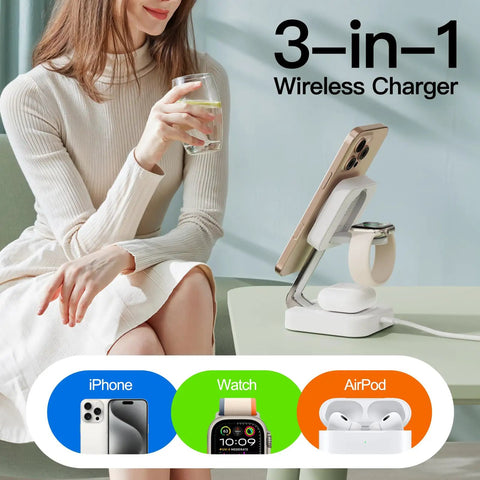 Woman using Traveling Wireless MagSafe 3 in 1 Fast Charging Station for iPhone 17 16 15 14 13 12, Apple Watch, AirPods, White