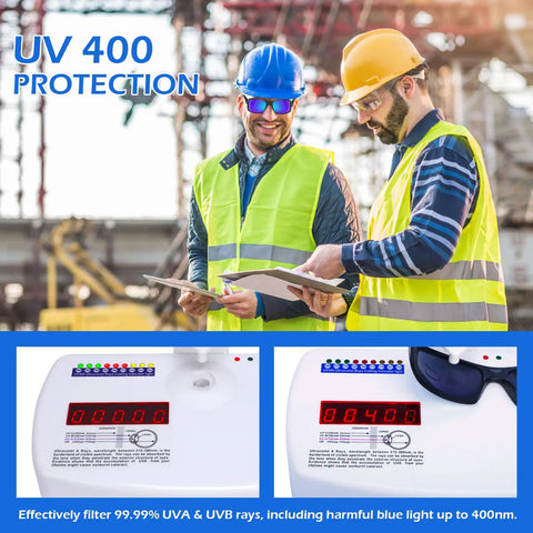 Two workers wearing Six Pack Tinted Safety Glasses Protective Eyewear ANSI Z87.1 Work Glasses on construction site