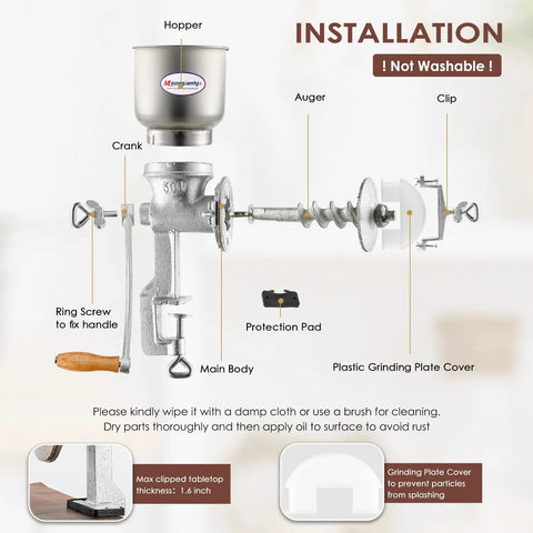 Cast Iron Hand Crank Grain Mill With Large Hopper And Table Clamp For Home Brewing And Manual Grinding Of Corn Barley Wheat Berries Coffee Beans Dried Beans Seeds Pepper Chickpeas And More with labeled installation parts on white background