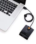 CAC Card Reader for DOD Military USB Common Access Card Reader for Mac and Windows, plugged into a laptop, black design