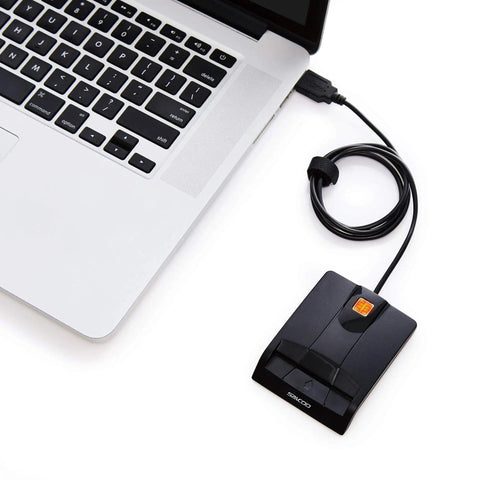CAC Card Reader for DOD Military USB Common Access Card Reader for Mac and Windows, plugged into a laptop, black design