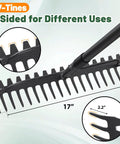 Close-up of Heavy Duty Bow Rake With 63 Inch Handle And 17 Tines For Leaf Cleanup, with details on tines and rake head size.