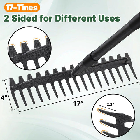 Close-up of Heavy Duty Bow Rake With 63 Inch Handle And 17 Tines For Leaf Cleanup, with details on tines and rake head size.