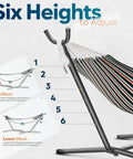Heavy Duty Outdoor Hammock With Stand For Two People, 600 Lb Capacity, showing six adjustable height settings on steel frame.