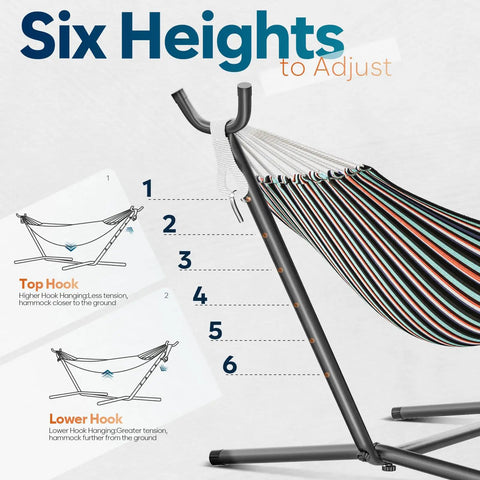 Heavy Duty Outdoor Hammock With Stand For Two People, 600 Lb Capacity, showing six adjustable height settings on steel frame.