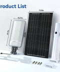 Heavy Duty Solar Street Light Outdoor, 55000Mah Battery, IP68 Waterproof Commercial Security Floodlight With Remote Control parts including solar panel, LED light, hardware.
