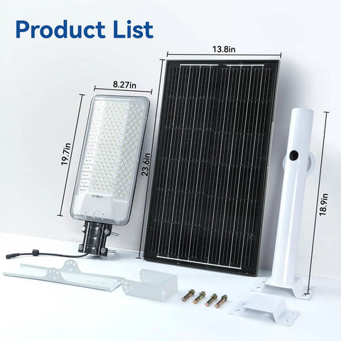 Heavy Duty Solar Street Light Outdoor, 55000Mah Battery, IP68 Waterproof Commercial Security Floodlight With Remote Control parts including solar panel, LED light, hardware.