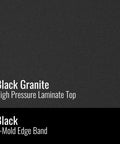 Texture detail of black granite laminate top with T-mold edge band of 30 Inch Round Pub Table, 29 Inch High, Black Granite Laminate Top With Gray Stamped Steel Base, Durable High Pressure Surface, Leveling Glides, Dining Cocktail Table Made In The USA.