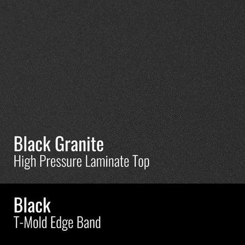 Texture detail of black granite laminate top with T-mold edge band of 30 Inch Round Pub Table, 29 Inch High, Black Granite Laminate Top With Gray Stamped Steel Base, Durable High Pressure Surface, Leveling Glides, Dining Cocktail Table Made In The USA.