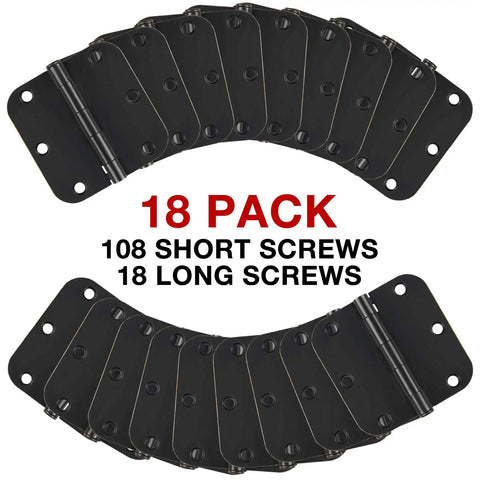 Matte Black 3.5 Inch Door Hinges Set, 18 Pack, Five Eighths Inch Radius, Reversible Removable Pin, 270 Degree Swing shown with screws
