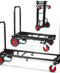 Compact Folding Equipment Dolly Converts Into 8 Handy Carts Heavy Duty Hand Truck with Wheels, black, red wheels shown