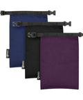 Three Pack Waterproof Dry Bags Set for Outdoor Adventures, Mini Roll Top Pouches in Black, Blue, Purple, Small Size Double Coated