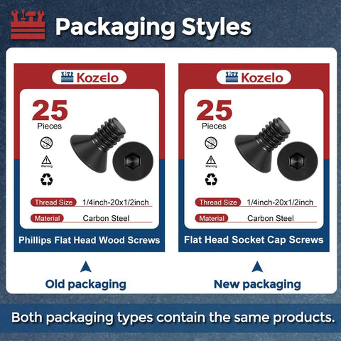 Image showing packaging styles of 25 Pcs Flat Head Socket Cap Screws 1/4-20 X 1/2 Black Carbon Steel Countersunk Bolts.