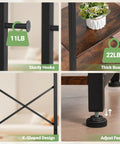 Close-up of Freestanding Coat Rack With 3 Storage Shelves And 12 Hooks showing hook weight limit, sturdy shelves, and adjustable feet.