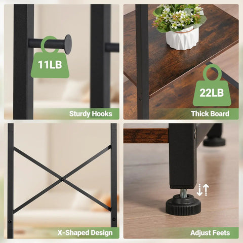 Close-up of Freestanding Coat Rack With 3 Storage Shelves And 12 Hooks showing hook weight limit, sturdy shelves, and adjustable feet.