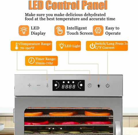 LED control panel of Big Batch 18 Tray Food Dehydrator With Straight Up Precise Temp Control And Adjustable Timer.