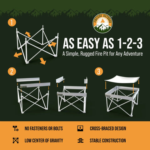 Three-step assembly guide for Portable 24 Inch Collapsible Fire Pit For Camping And Backyard, displays its simple setup process.