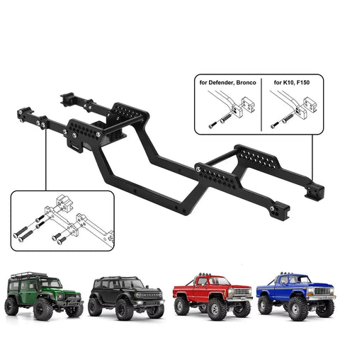 Aluminum RC Crawler Chassis Frame For TRX4M 1 18 Scale Universal LCG Style with vehicle compatibility diagrams and model trucks