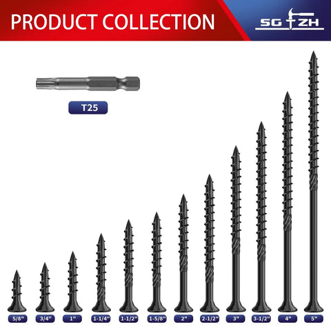 Assorted sizes of No. 8 X 1-1/4 Inch Deck Screws Set, 398 Pieces, 2 Pound Carbon Steel, Black Epoxy Coated, Flat Head, Rust Resistant