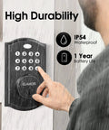Person using Keyless Entry Electronic Deadbolt Lock With Keypad Black 50 User Codes Alarm Auto Lock Battery Indicator in rain