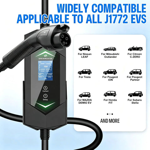 Smooth Operator 40 Amp Level 2 Electric Vehicle Charger Featuring 240 Volt Nema 14-50 Plug And 25 Foot J1772 Cable with display and J1772 plug.