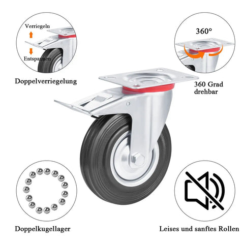 Heavy Duty Caster Wheels 4 Pack with 360 Degree Swivel and Foot Brake Lock, showing double locking mechanism and smooth rolling capability