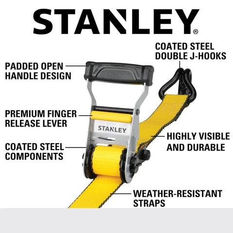 Heavy Duty Ratchet Tie Down Straps 1.5 Inch By 16 Foot 5000 Lb Load Rating 2 Pack showcasing padded handle and durable strap.
