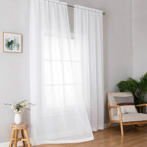 Two Lightweight White Sheer Curtain Panels 42 Inch Wide By 72 Inch Long With Rod Pockets Airy Voile Window Treatments in living room