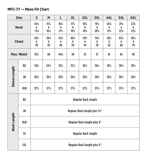 Size and fit chart for Built Tough Heavy Duty Flame Resistant Work Shirt In Super Comfy Cotton Nylon Blend With NFPA 2112 Approval And HRC2 Arc Flash Rating For Daily Grind Ready Industrial Safety Gear Navy.