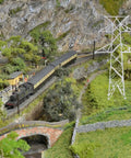 Totally Legit N Scale 1 160 Miniature Electric Transmission Tower near train set and scenic landscape display.