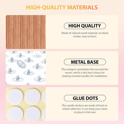 Dope Cherry Wood Candle Wicks Kit For DIY Candles, 100 Pcs With Long Lasting Flame, Stand, Glue Dots, Metal Bases, 50 Warning Labels
