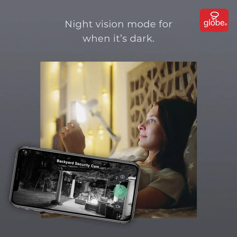 Woman using phone app to view Smart WiFi Security Light With Camera, 24W LED, 1600 Lumens, Motion Sensor, night vision mode.