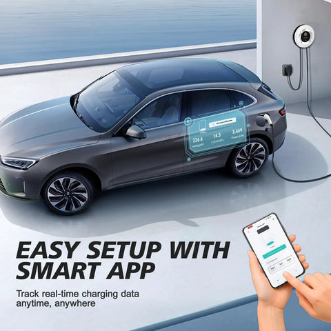 Level 2 Ev Charger 40 Amp 9.6Kw Wall Mount Home Charging Station J1772 Connector Nema 14-50 Plug Wifi App Enabled charging a vehicle