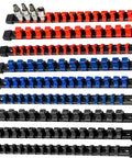 Heavy Duty ABS Socket Organizer Rack With Nine Piece Set For One Half Inch Three Eighth Inch And One Quarter Inch Drives Holds Thirty Six Forty Five And Forty Eight Sockets Premium Quality Clip Rail Tool Tray For Garage Or Shop Organization