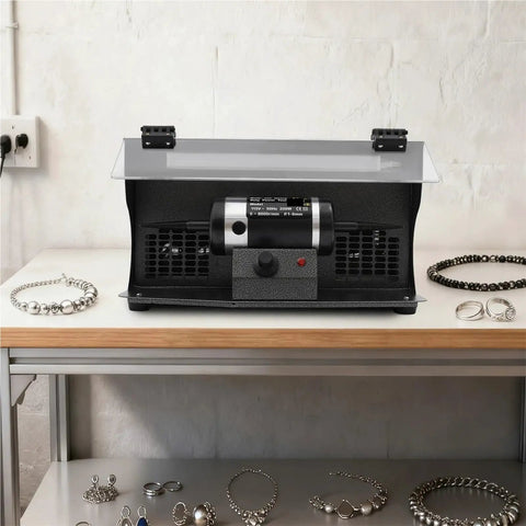 Heavy Duty Jewelry Polishing Machine 200W Bench Polisher With Variable Speed 0 to 8000 RPM on workshop bench with jewelry