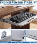 Heavy Duty Steel Under Desk Keyboard Tray Featuring Slick Ball Bearing Glides For Silky Smooth Extension And Rock Solid Ergonomic Workstation Support Up To Sixty Six Pounds With Zero Wobble Or Jamming Vibes, showing a keyboard on thickened slides.