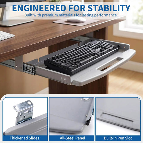 Heavy Duty Steel Under Desk Keyboard Tray Featuring Slick Ball Bearing Glides For Silky Smooth Extension And Rock Solid Ergonomic Workstation Support Up To Sixty Six Pounds With Zero Wobble Or Jamming Vibes, showing a keyboard on thickened slides.