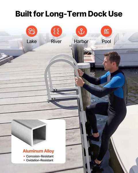 Removable Aluminum Dock Ladder With Four Super Grippy Treads in use, man climbing onto boat from dock, durable aluminum for lakes and pools.