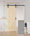 30 Inch By 84 Inch Sliding Barn Door With 5 Foot Hardware Kit Included, installed view showing measurements, unfinished solid spruce wood.