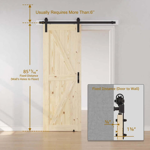 30 Inch By 84 Inch Sliding Barn Door With 5 Foot Hardware Kit Included, installed view showing measurements, unfinished solid spruce wood.
