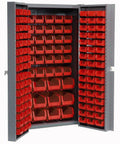 Built Like A Tank Industrial Storage Cabinet with 144 vibrant red plastic sorting bins and heavy-duty hinges.