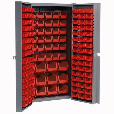 Built Like A Tank Industrial Storage Cabinet with 144 vibrant red plastic sorting bins and heavy-duty hinges.