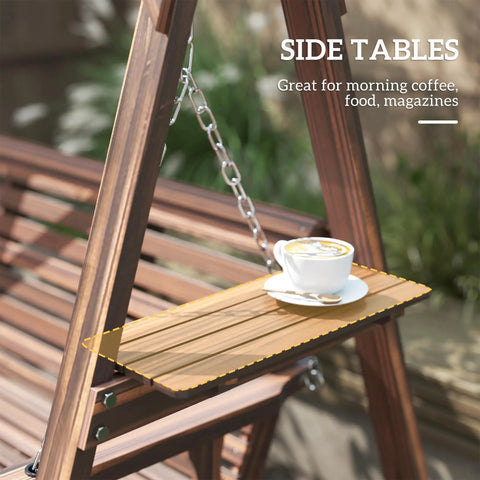 Close-up of side table on three seat outdoor porch swing with stand and side tables, wooden patio swing bench, carbonized brown finish.